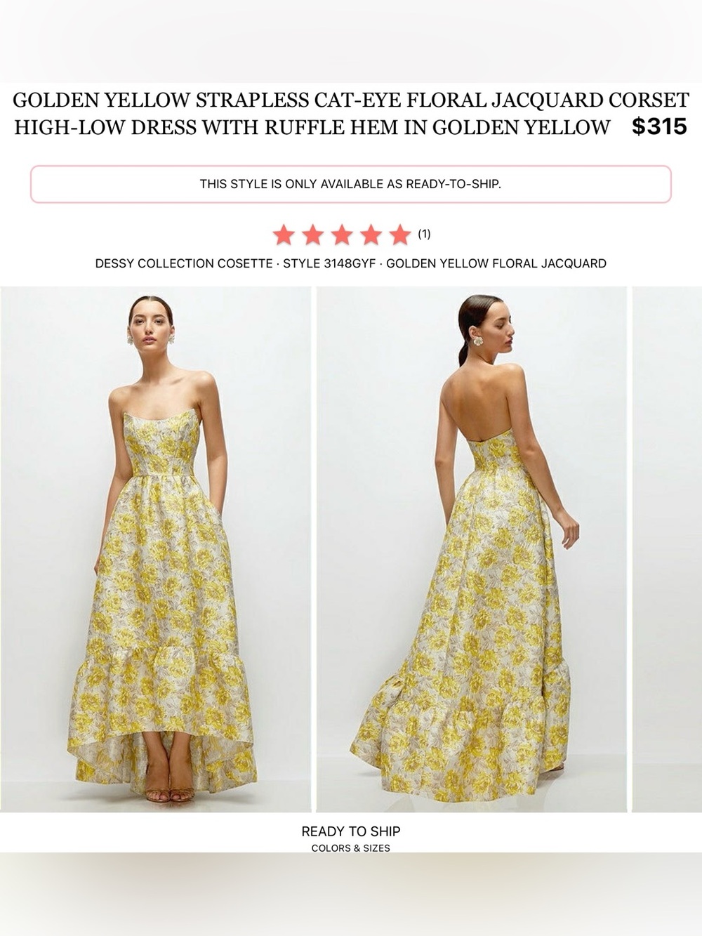 Dessy Collection Golden Yellow Floral Strapless High-Low Jacquard Gown